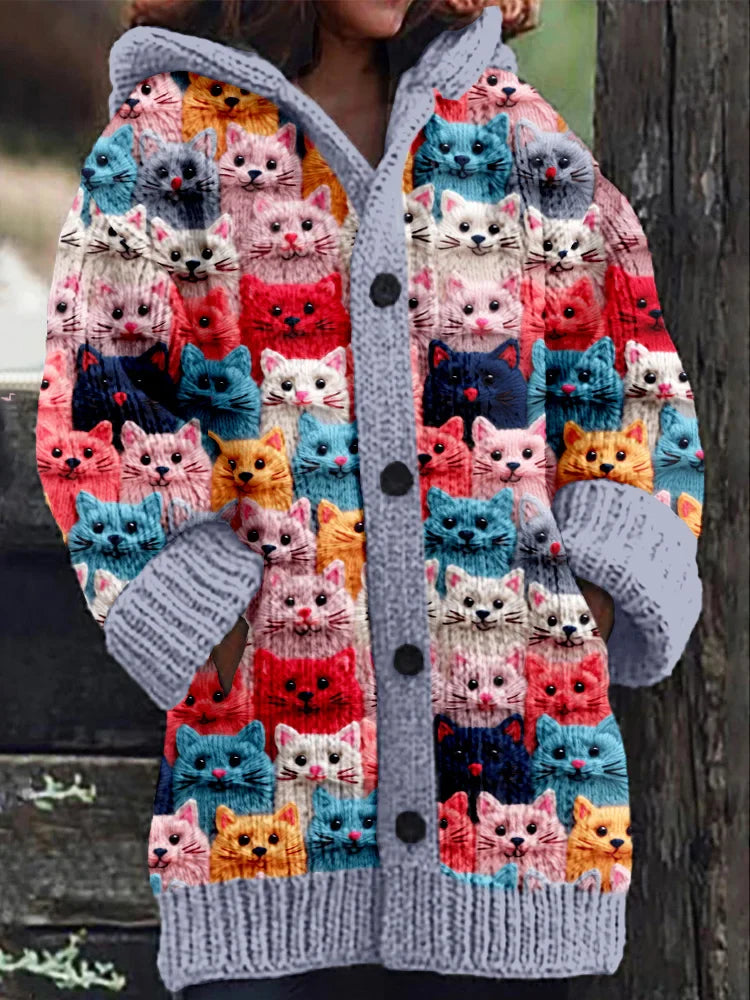 Gebreid Dames Vest Met Kleurrijke Kattenprint En Capuchon