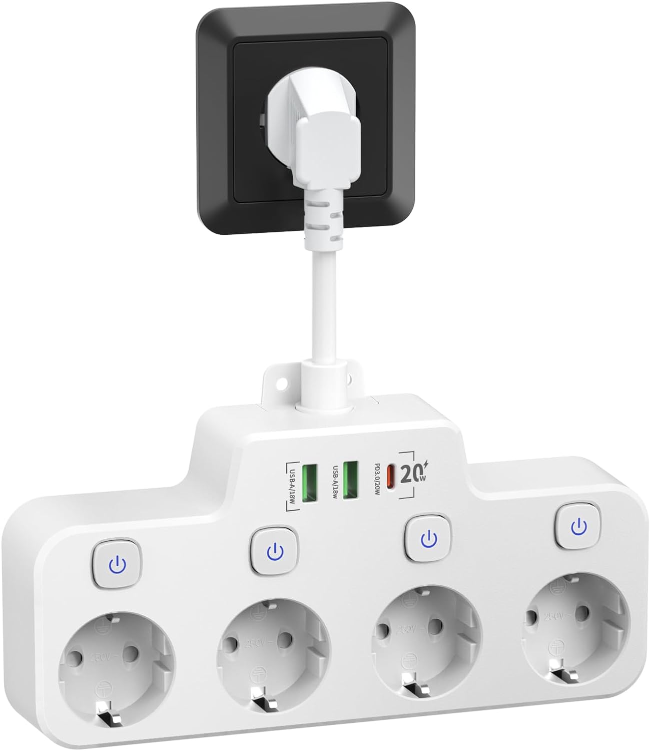 Draaibare stekkerdoos - Wandmontage Stekkerdoos met Onafhankelijke Schakelaar - 2 USB A En 1 USB C
