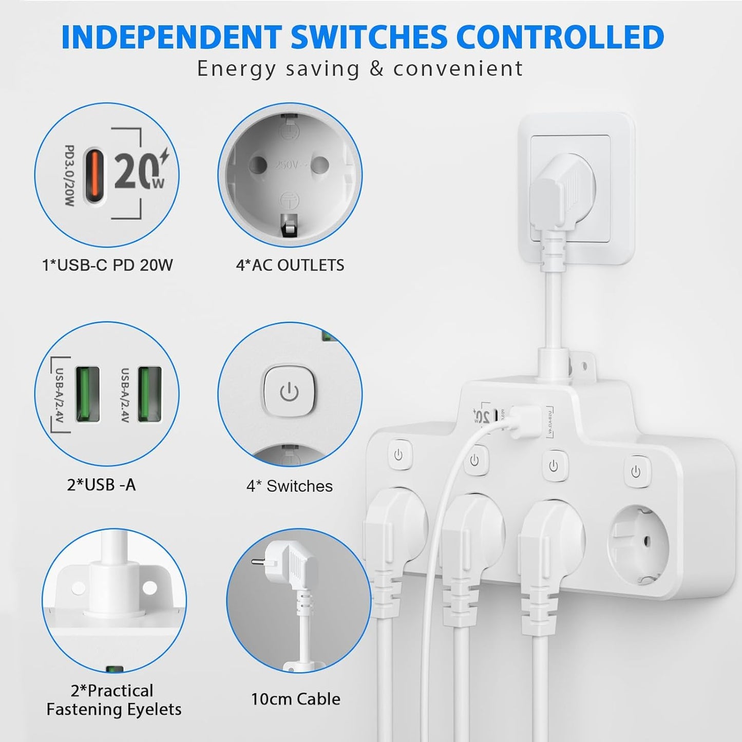 Draaibare stekkerdoos - Wandmontage Stekkerdoos met Onafhankelijke Schakelaar - 2 USB A En 1 USB C