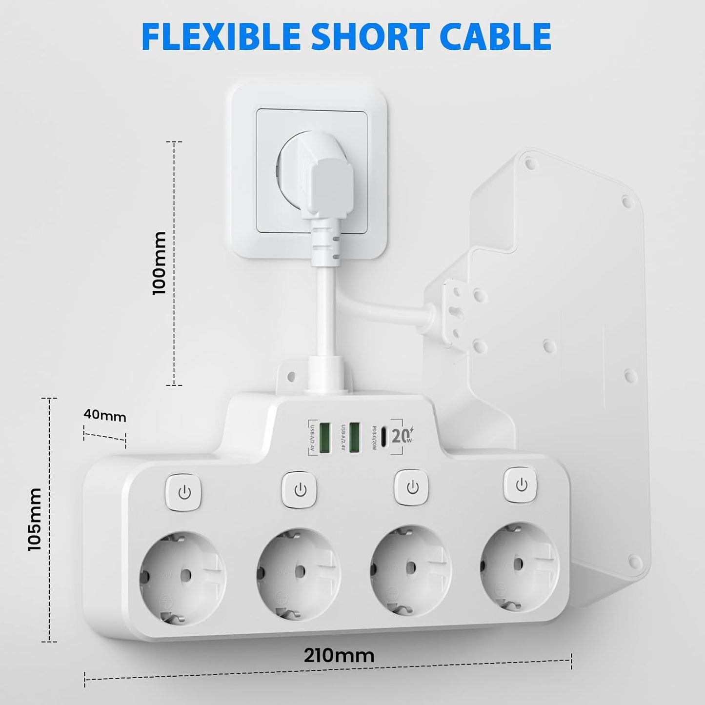 Draaibare stekkerdoos - Wandmontage Stekkerdoos met Onafhankelijke Schakelaar - 2 USB A En 1 USB C