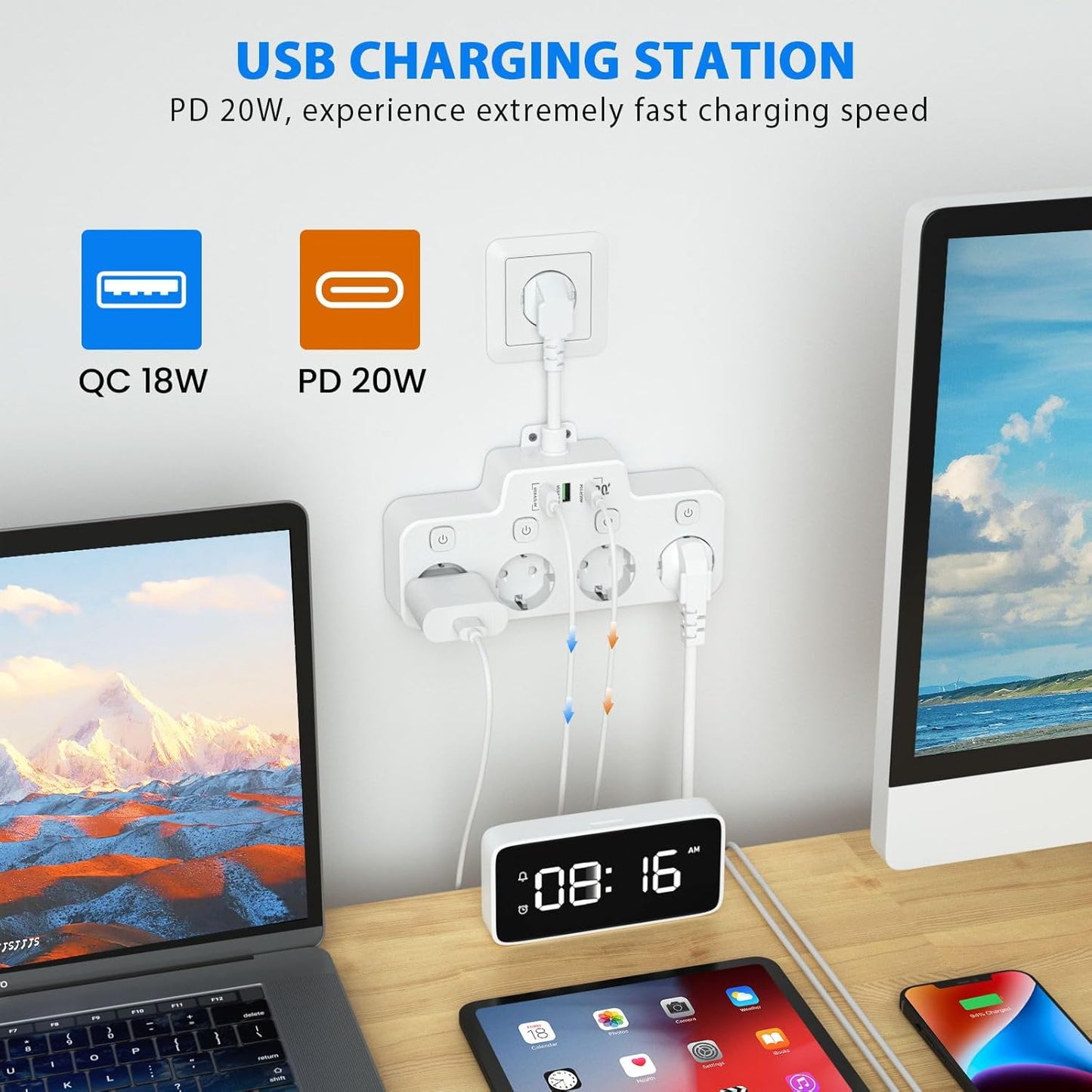 Draaibare stekkerdoos - Wandmontage Stekkerdoos met Onafhankelijke Schakelaar - 2 USB A En 1 USB C