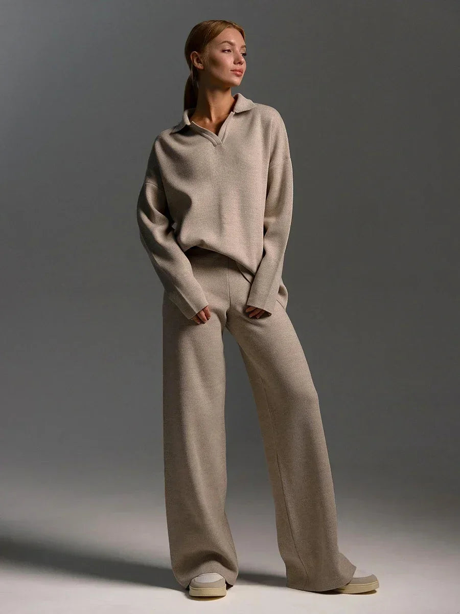 Comfortabele 2-Delige Gebreide Set Met Wijde Broek En Trui Voor Dames