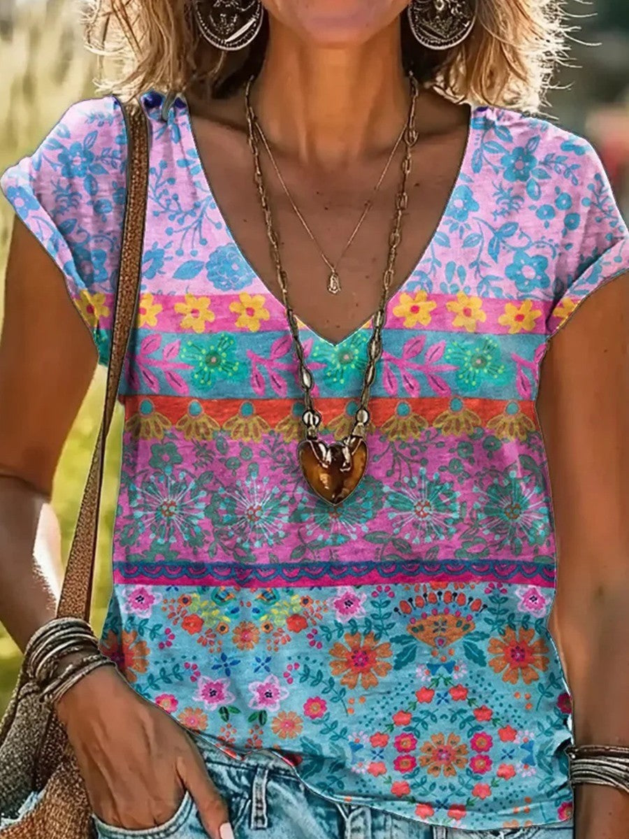 Casual T-Shirt met Bloemenprint en V-hals