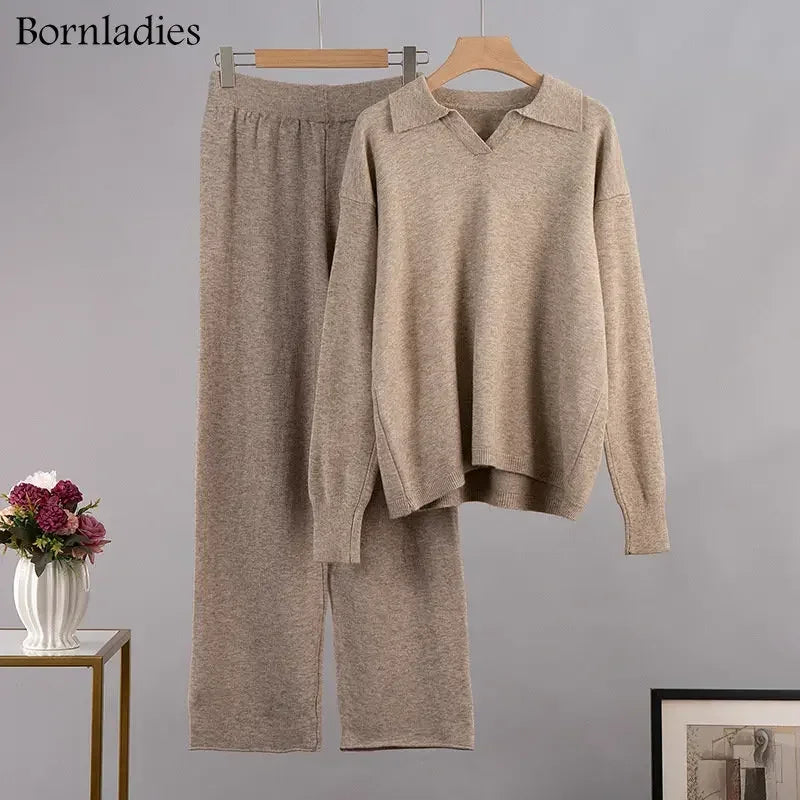 Comfortabele 2-Delige Gebreide Set Met Wijde Broek En Trui Voor Dames