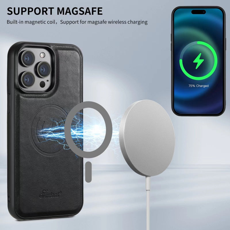 Premium Lederen iPhone Hoesje met Kaartenvak | Duurzaam & Draadloos Oplaadbaar