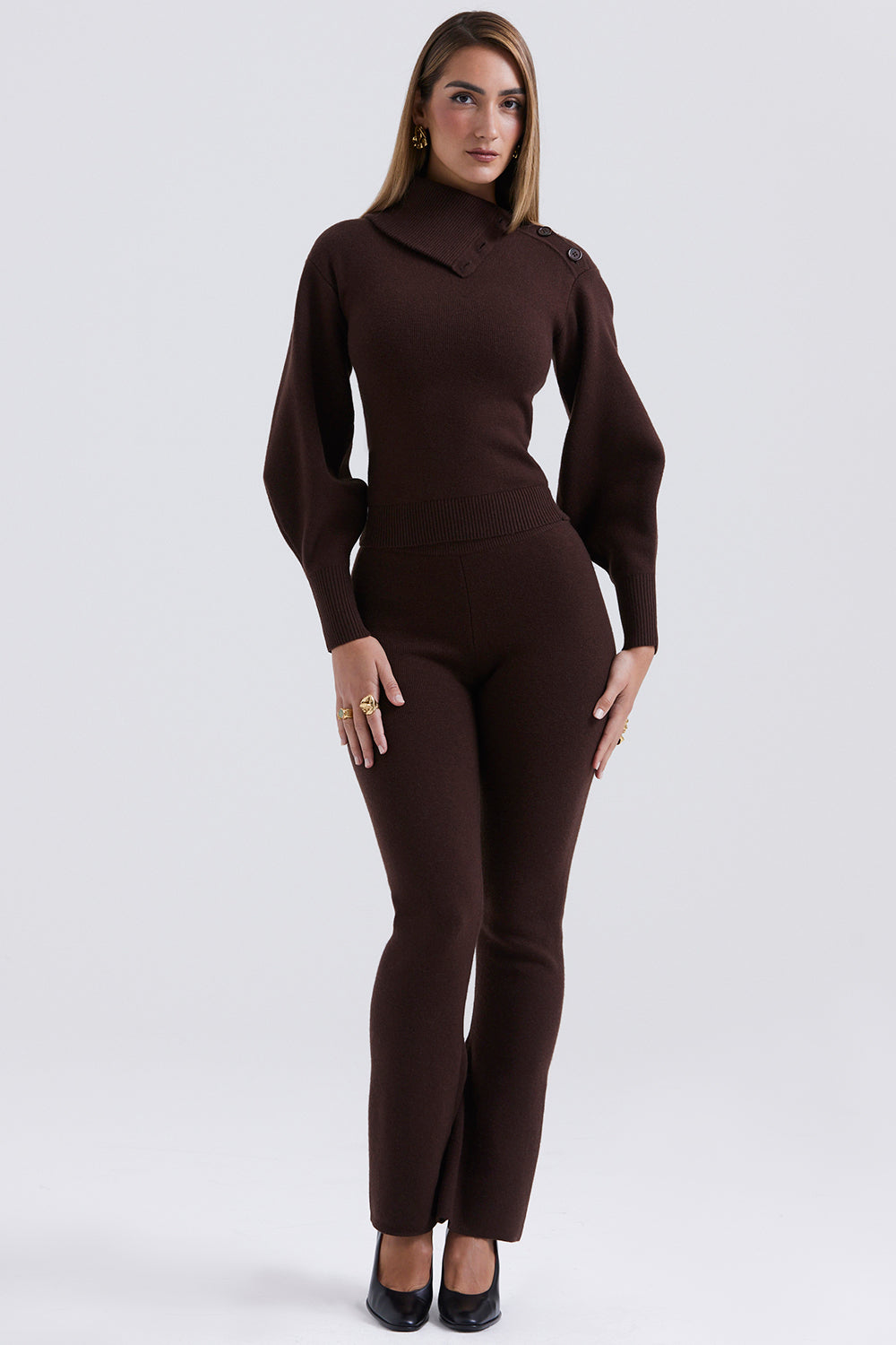 Chaveli - Luxueuze Chocolade Bruin Set Créme tweedelige set kwaliteitkleding vrouwenkleding model broek trui