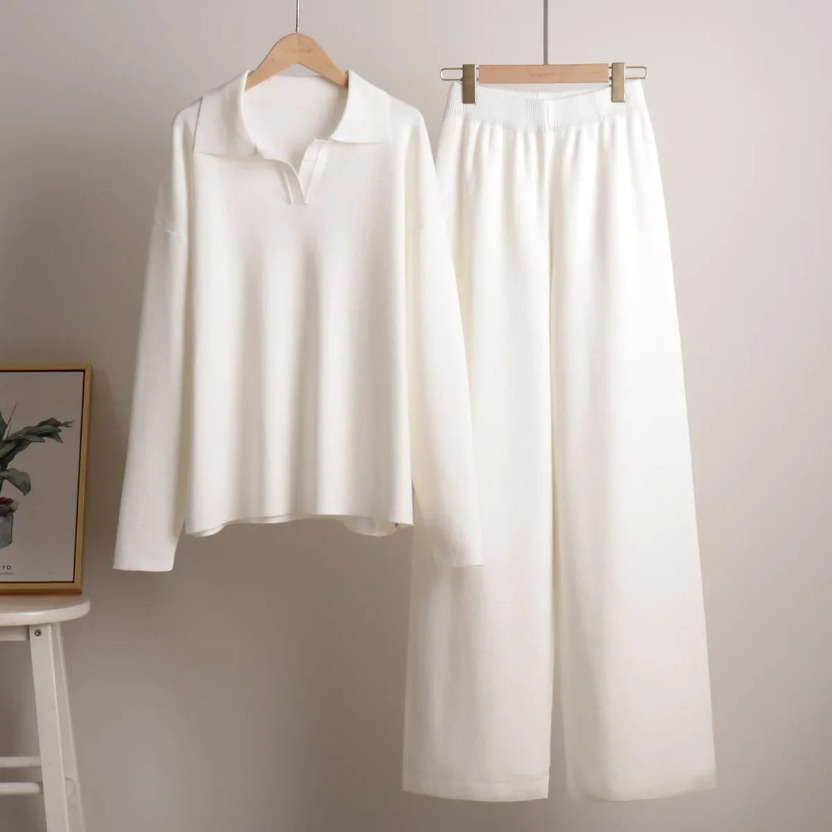Comfortabele 2-Delige Gebreide Set Met Wijde Broek En Trui Voor Dames