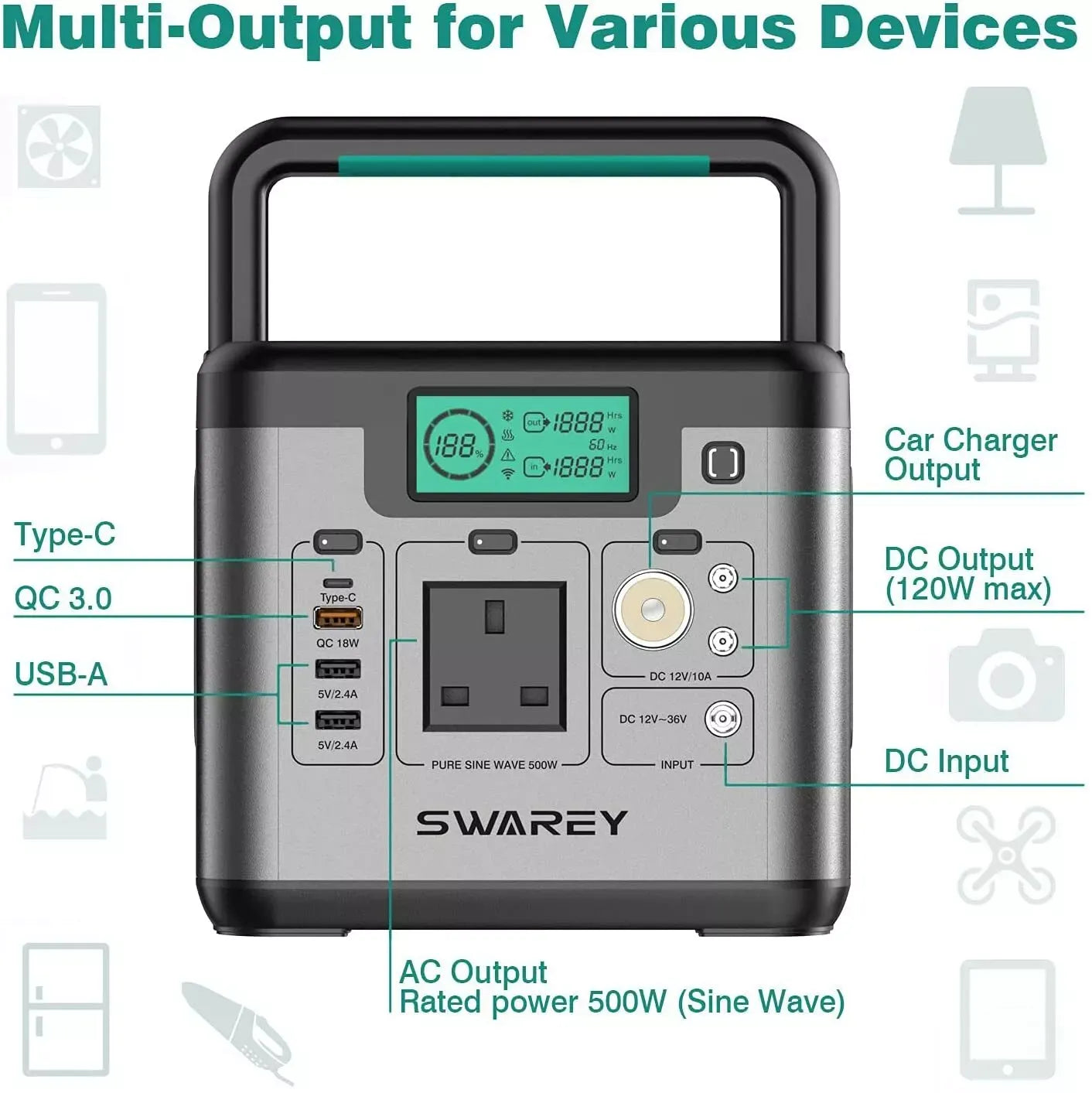SWAREY S500 Pro - Draagbare Zonne-Energiegenerator Compacte krachtcentrale, ideaal voor kamperen, noodgevallen en off-grid toepassingen.