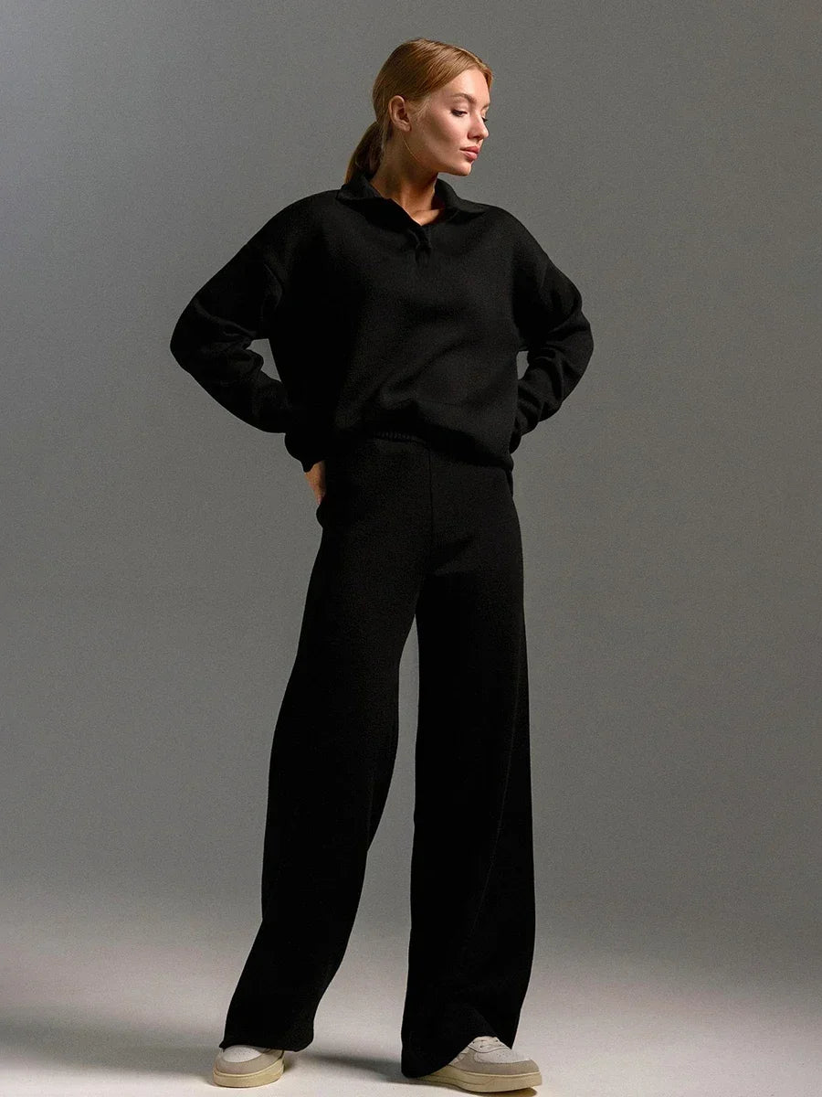 Comfortabele 2-Delige Gebreide Set Met Wijde Broek En Trui Voor Dames
