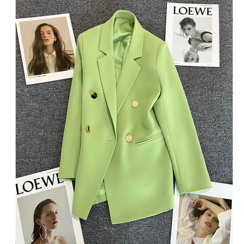 Lange Dames Blazer met Gouden Knopen & Dubbele Sluiting damespak kantoorpak vrouwenpak 