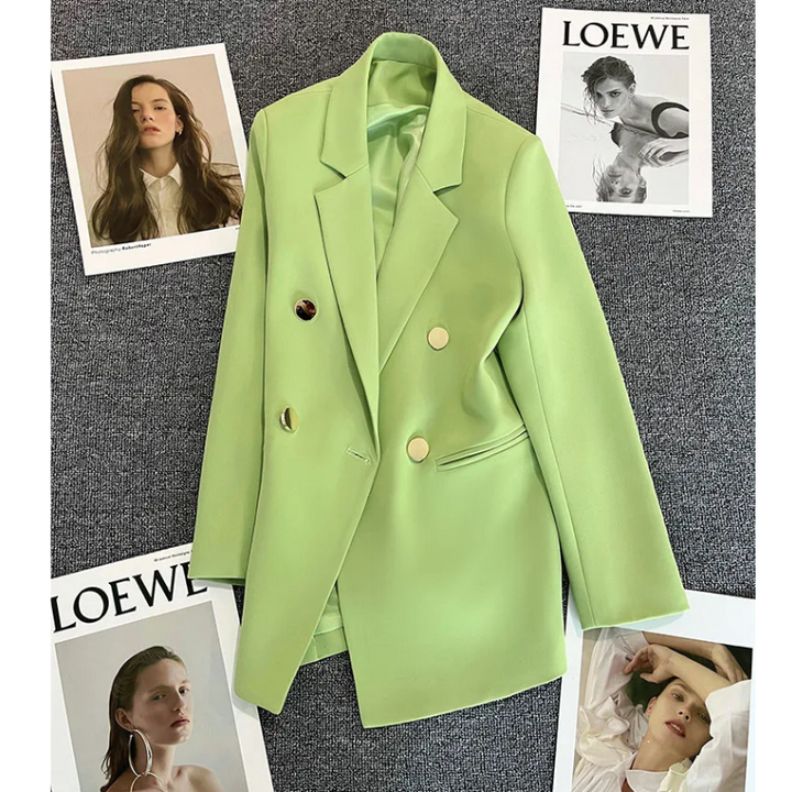 Chavel - Lange Dames Blazer met Gouden Knopen & Dubbele Sluiting damespak kantoorkleding vrouwenpak jasje 