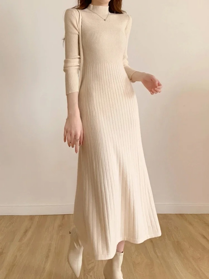 MoaLina - Gebreide Maxi-Jurk Met Lange Mouwen Dames elegant chique comfortabel luxe