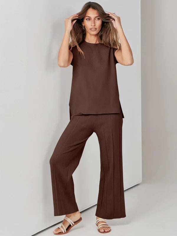 2-delige comfortabele vrouwen set elegant pyjama chique top en broek wijde pijpen korte mouwen bruin