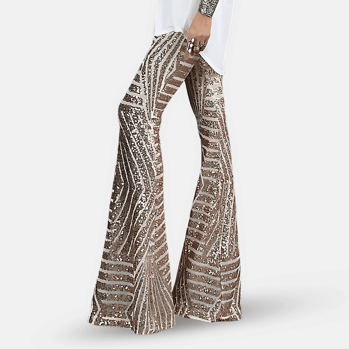 Dames flared broek met pailletten en hoge taille