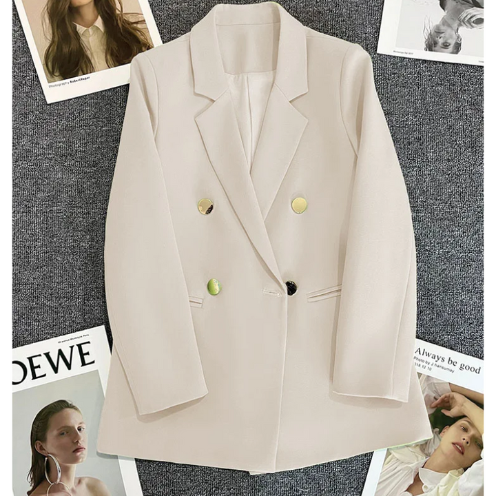 Chavel - Lange Dames Blazer met Gouden Knopen & Dubbele Sluiting damespak kantoorkleding vrouwenpak jasje 