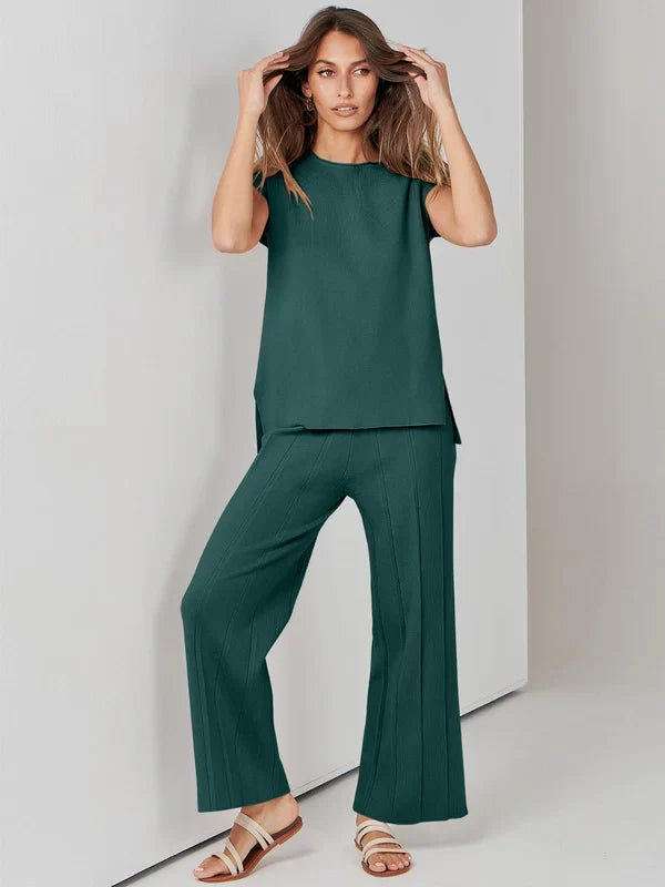 2-delige comfortabele vrouwen set elegant pyjama chique top en broek wijde pijpen korte mouwen