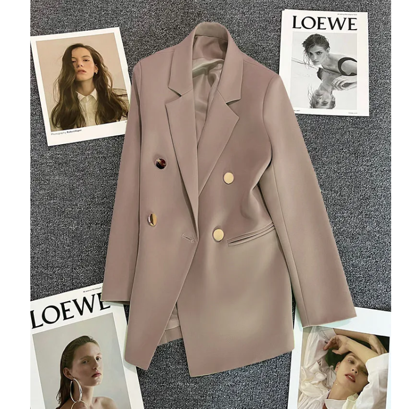 Lange Dames Blazer met Gouden Knopen & Dubbele Sluiting damespak kantoorpak vrouwenpak 