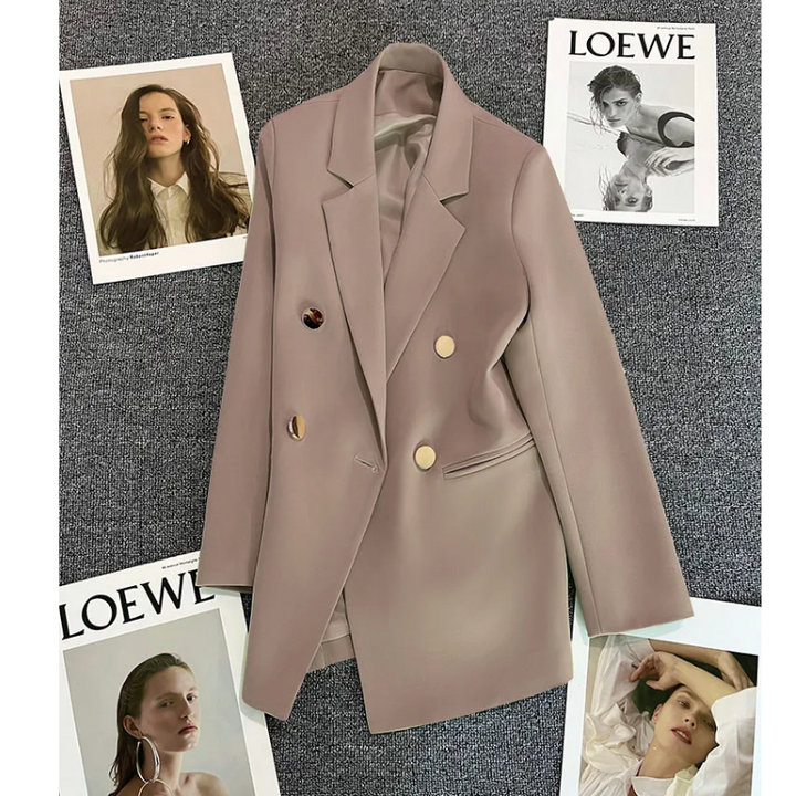 Chavel - Lange Dames Blazer met Gouden Knopen & Dubbele Sluiting damespak kantoorkleding vrouwenpak jasje 