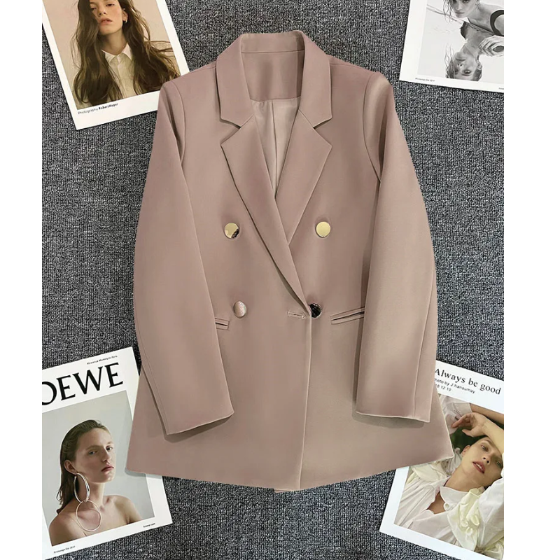 Chavel - Lange Dames Blazer met Gouden Knopen & Dubbele Sluiting damespak kantoorkleding vrouwenpak jasje 