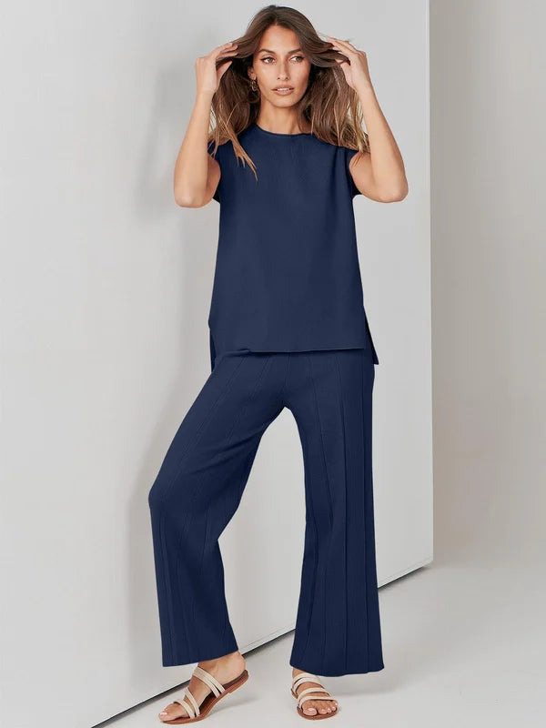 2-delige comfortabele vrouwen set elegant pyjama chique top en broek wijde pijpen korte mouwen marineblauw