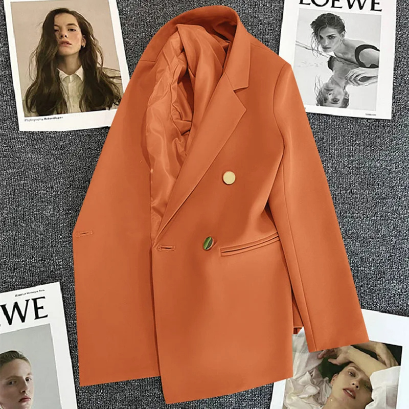 Lange Dames Blazer met Gouden Knopen & Dubbele Sluiting damespak kantoorpak vrouwenpak 