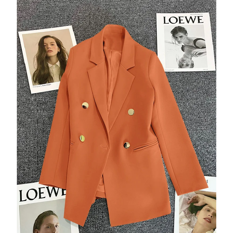 Chavel - Lange Dames Blazer met Gouden Knopen & Dubbele Sluiting damespak kantoorkleding vrouwenpak jasje 