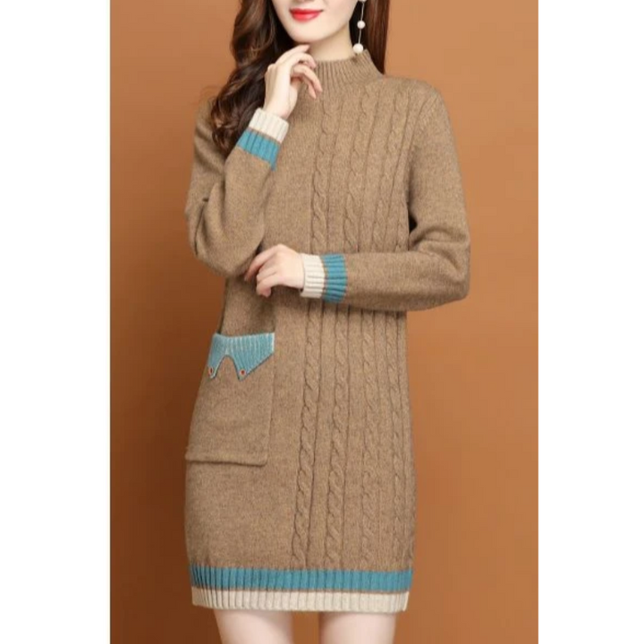 MoaLina - Sweater Midi-Jurk Gebreid Dames comfortabel dikke stof elegant najaarsjurk coltrui dames 