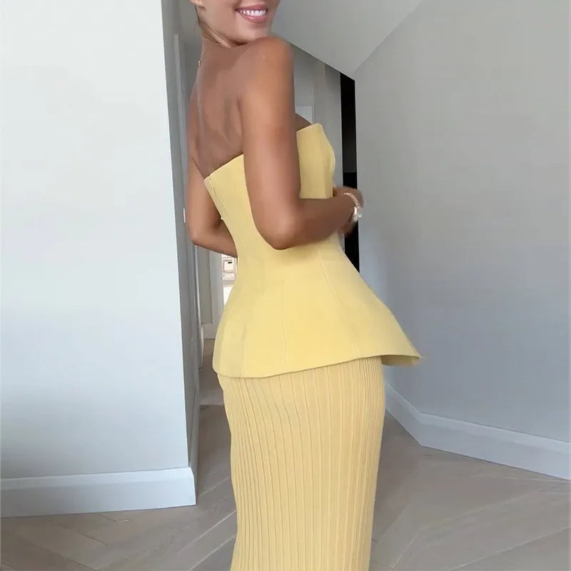 Elegante Strapless Top en Plissé Rok Set