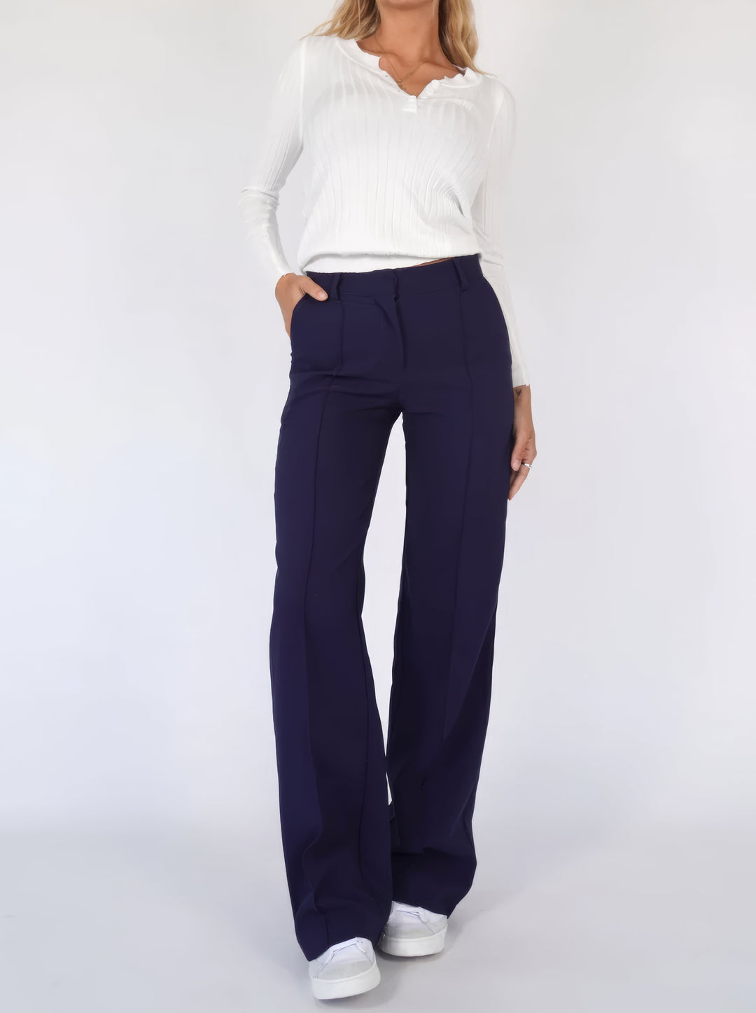 Stijlvolle dames broek met wijde pijpen marineblauw