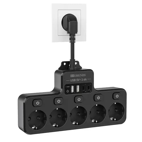 PowerHub 8-in-1 Stroompaneel – Multi-schakelaar Stopcontact met 4 AC, 2 USB & 2 Type-C – Voor Thuis, Kantoor & Reizen