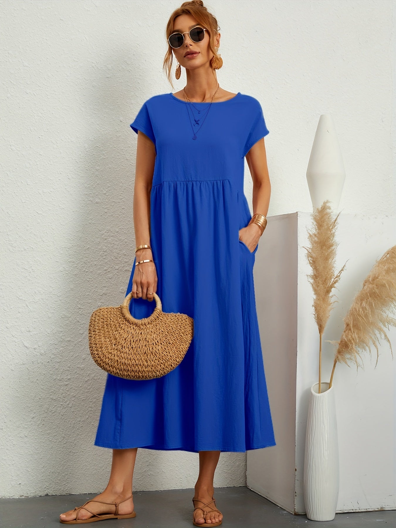 Elegante & Comfortabele Jurk met Losse Zakken voorjaar zomer Blauw