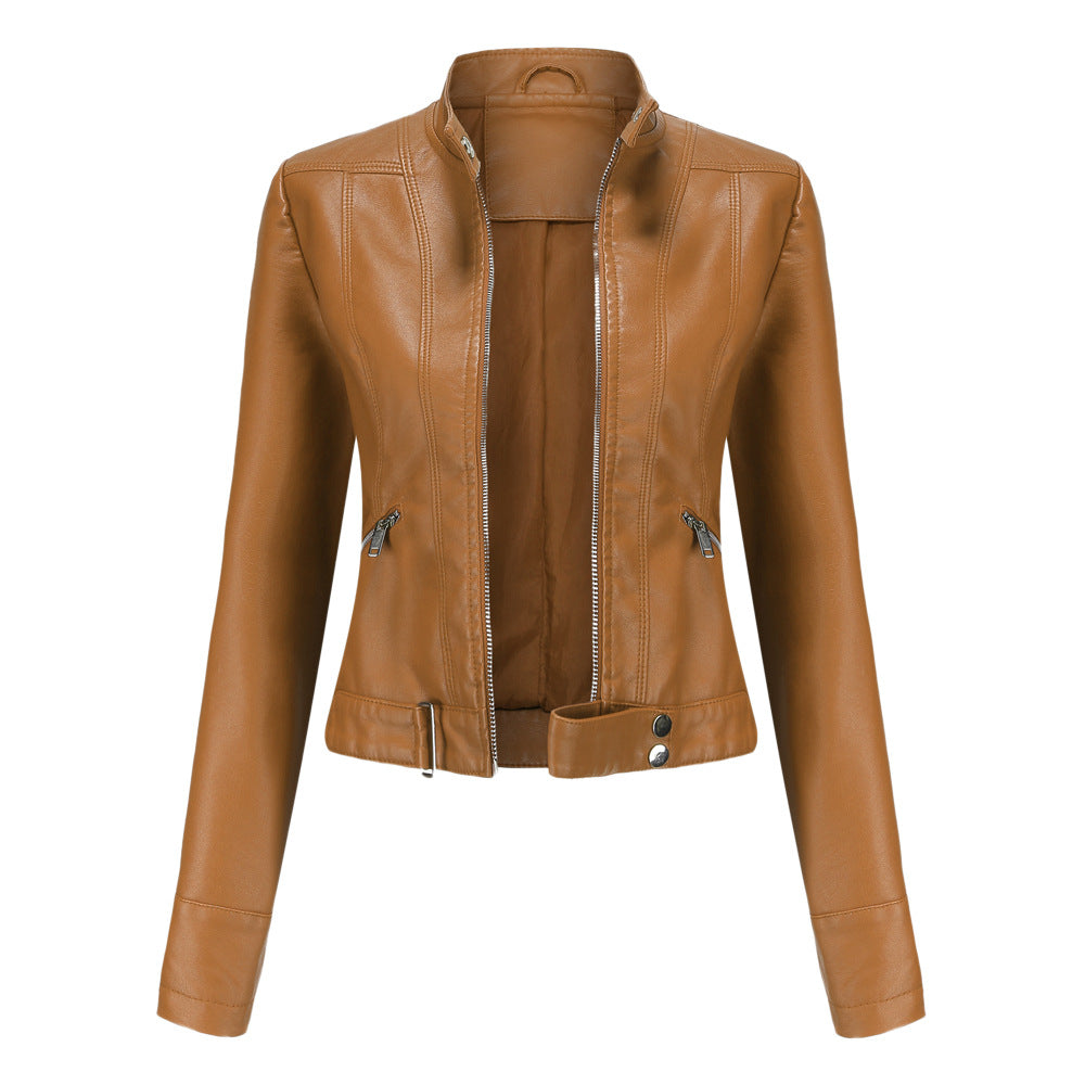 Leren korte zomerjas voor vrouwen, stoere leren bikerjacket dames met ange mouwen en zij vakken met rits, zara jas, zomerjas tussenjas, waterdicht wintdicht bruin