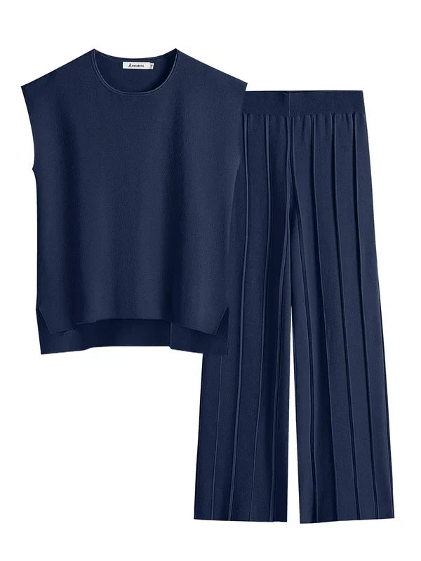 2-delige comfortabele vrouwen set elegant pyjama chique top en broek wijde pijpen korte mouwen marineblauw