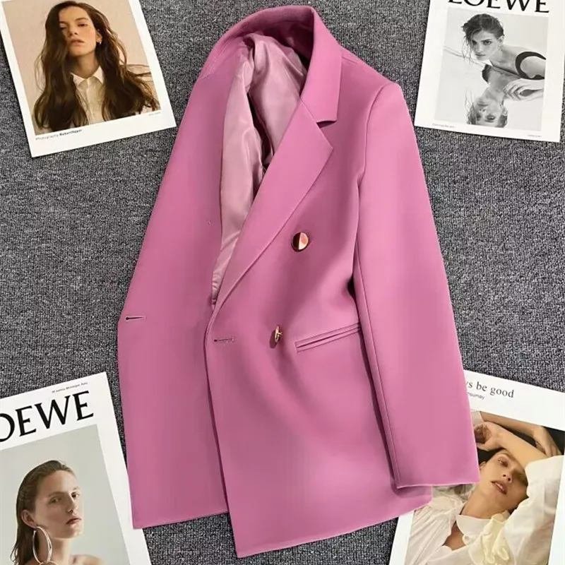 Chavel - Lange Dames Blazer met Gouden Knopen & Dubbele Sluiting damespak kantoorkleding vrouwenpak jasje 