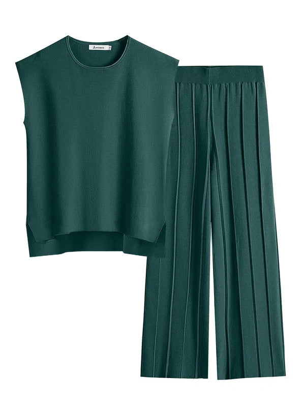 2-delige comfortabele vrouwen set elegant pyjama chique top en broek wijde pijpen korte mouwen groen