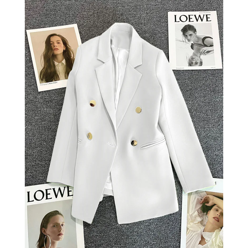 Chavel - Lange Dames Blazer met Gouden Knopen & Dubbele Sluiting damespak kantoorkleding vrouwenpak jasje 