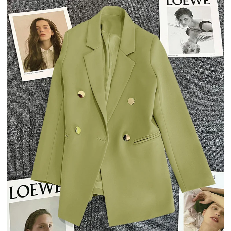 Chavel - Lange Dames Blazer met Gouden Knopen & Dubbele Sluiting damespak kantoorkleding vrouwenpak jasje 