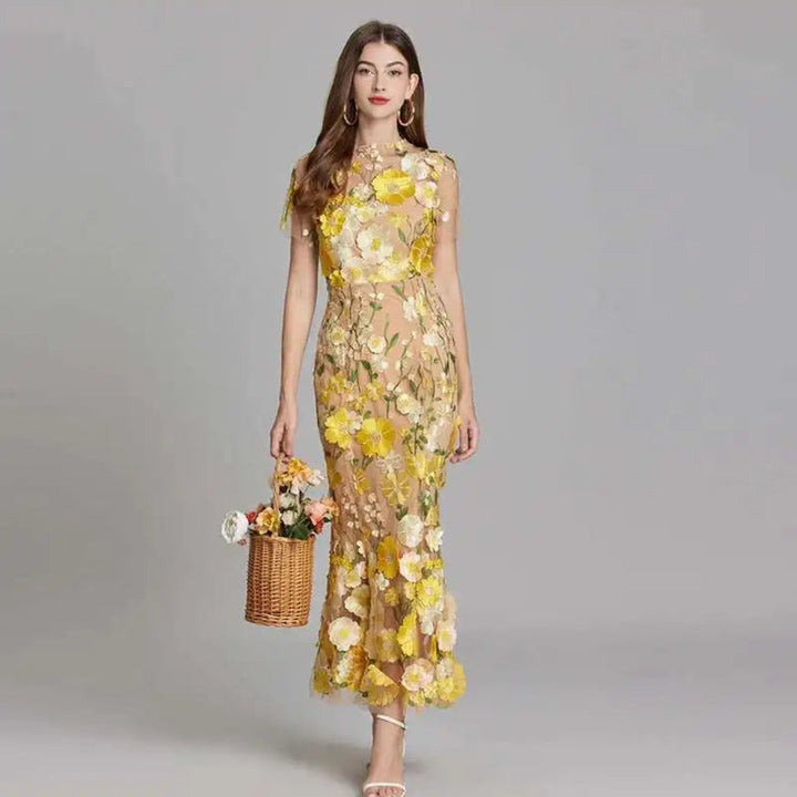 Zomerse geborduurde kanten galajurk voor dames