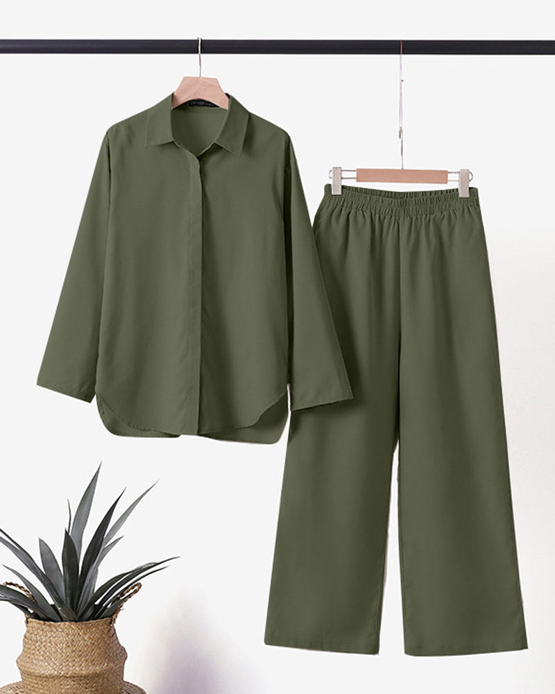 2-delige zomerset blouse broek oversized losse pijpen knopen zomer vrouwenset oudere vrouwen groen