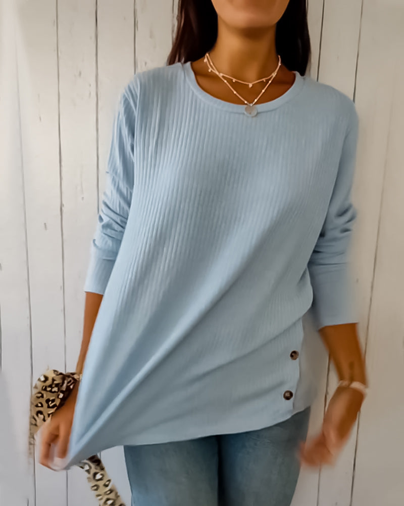 Gebreide Blouse met Ronde Hals en Lange Mouwen en knopen Blauw