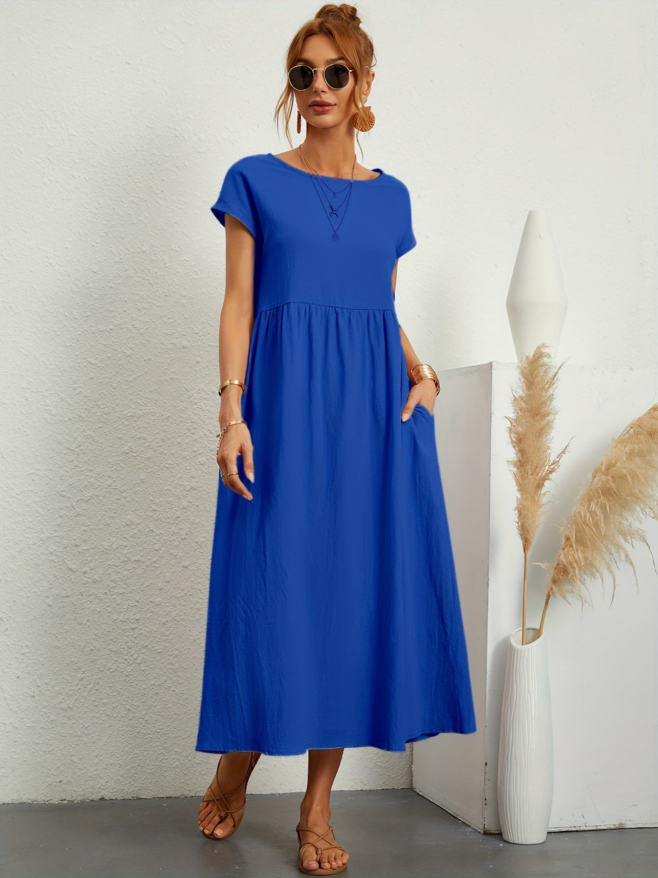 Elegante & Comfortabele Jurk met Losse Zakken voorjaar zomer Blauw