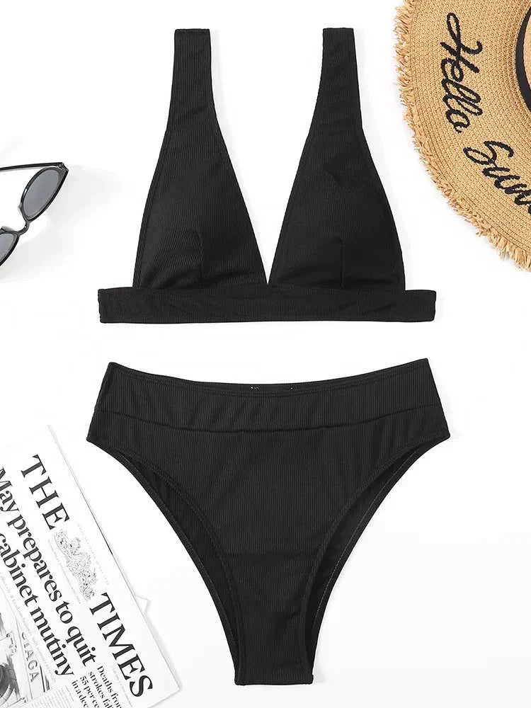 tweedelige bikini set dames strand vakantie badmode badpak zwart string diepe v hals chique elegant comfortabel