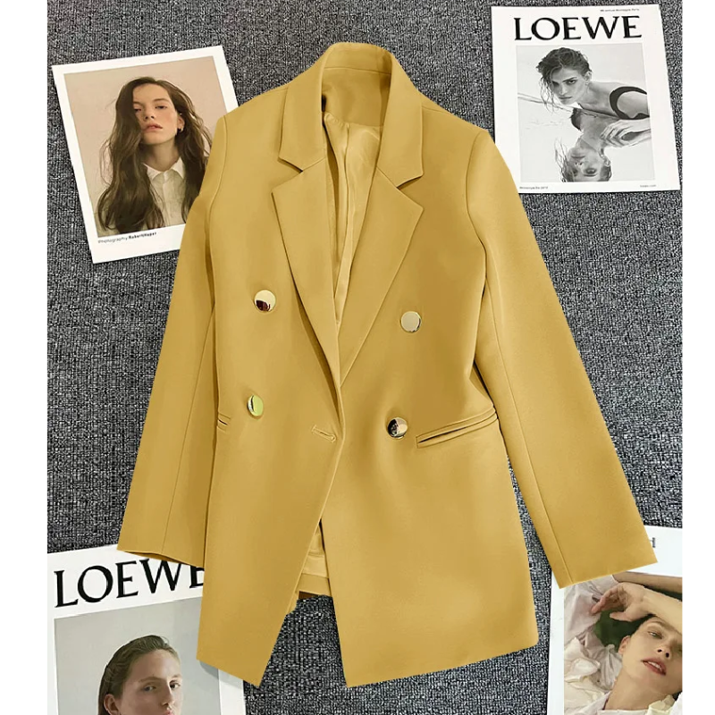 Chavel - Lange Dames Blazer met Gouden Knopen & Dubbele Sluiting damespak kantoorkleding vrouwenpak jasje 