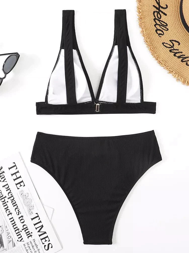 tweedelige bikini set dames strand vakantie badmode badpak zwart string diepe v hals chique elegant comfortabel