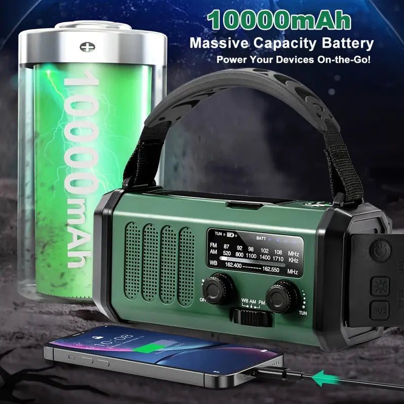 SurvivorPro Noodradio 10.000mAh – Zonne- & Handmatig Opladen, Weerradio, Zaklamp, SOS Alarm & Telefoonlader