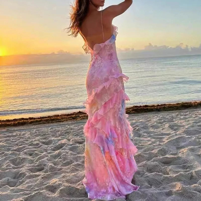 Kleurrijke Boho Maxi-Jurk met Ruffles en V-Hals