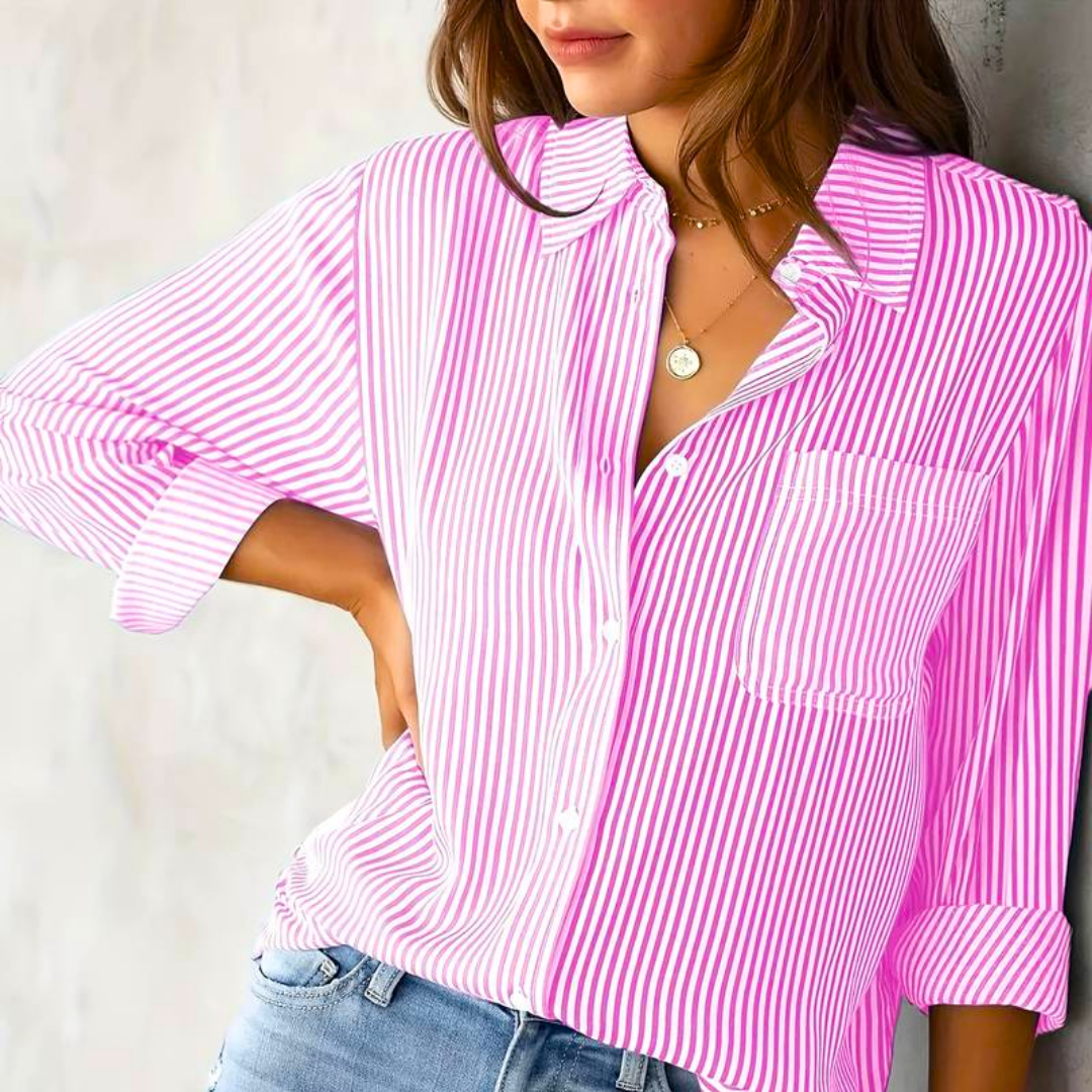 Gestreepte dames blouse met kraag knopen en borstzak elegant chique comfortabel zomer lente roze