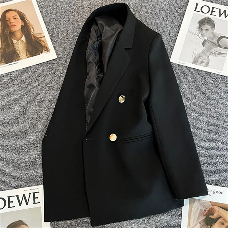 Chavel - Lange Dames Blazer met Gouden Knopen & Dubbele Sluiting damespak kantoorkleding vrouwenpak jasje 