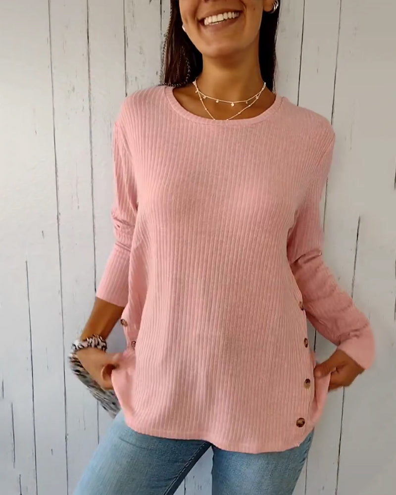 Gebreide Blouse met Ronde Hals en Lange Mouwen en knopen roze