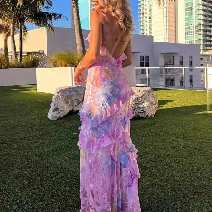 Kleurrijke Boho Maxi-Jurk met Ruffles en V-Hals